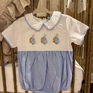 Classic Whimsy Blue Gingham & White Baby Romper with Bunny Appliqués